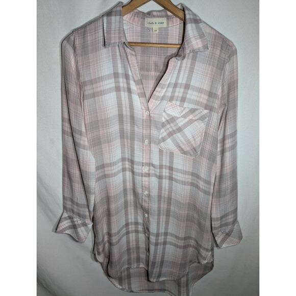 Anthropologie Cloth & Stone Womens Pink Plaid Long Sleeve Button Up Tunic Top XS - Picture 1 of 6